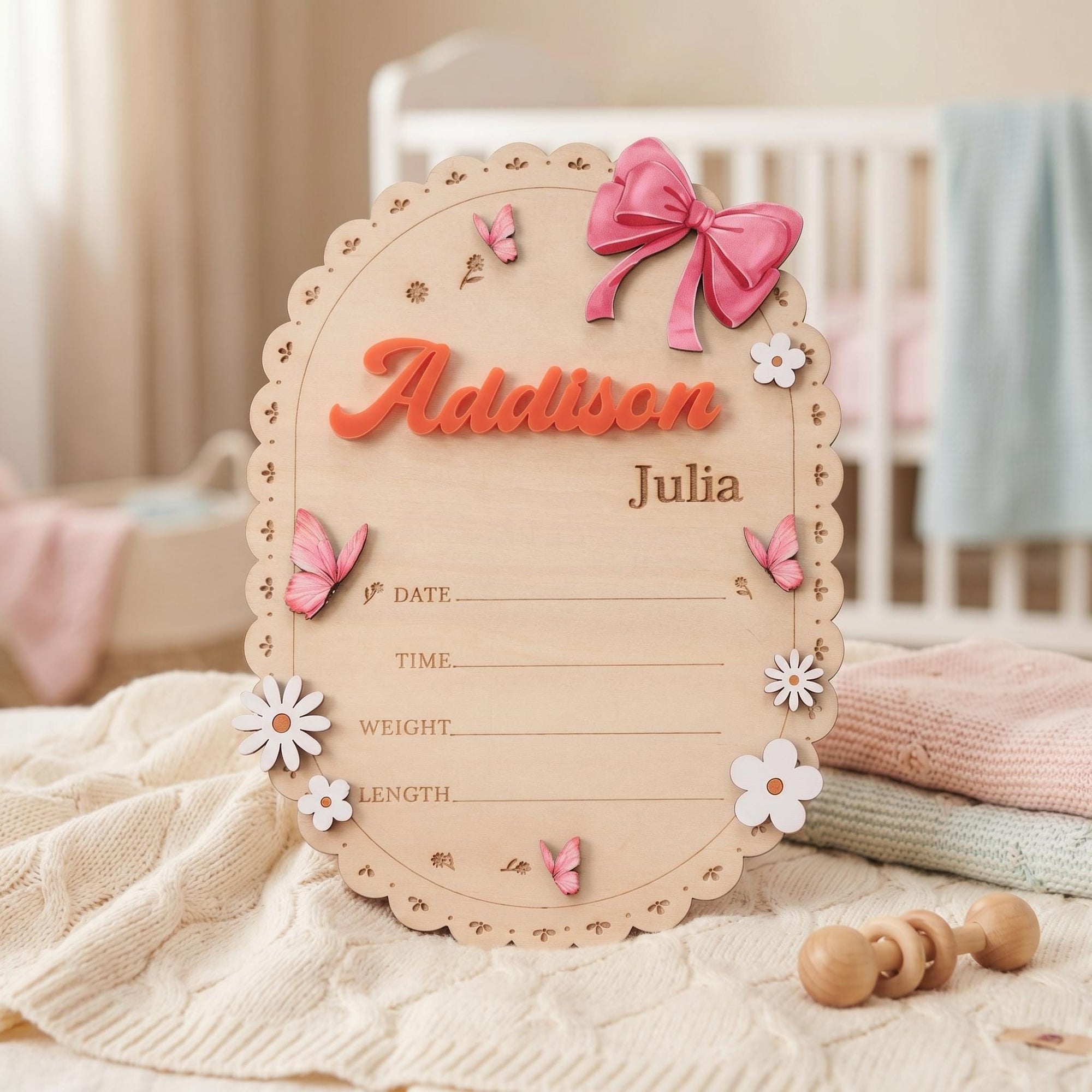 Oval Baby Name Sign for Nursery Scalloped Wood Birth Announcement Sign Custom Wood Plaque for Hospital Girl Bow Personalized Baby Gift