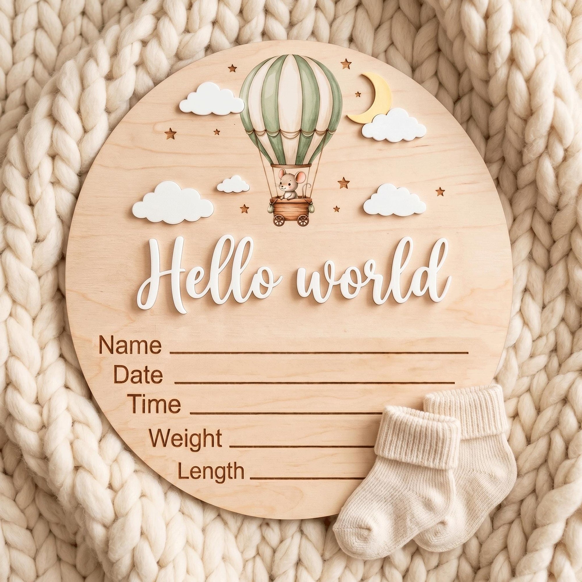 Hot Air Balloon Birth Stats Sign | 3D Mouse Wooden Baby Plaque | Acrylic Hello World Announcement | Neutral Adventure Prop