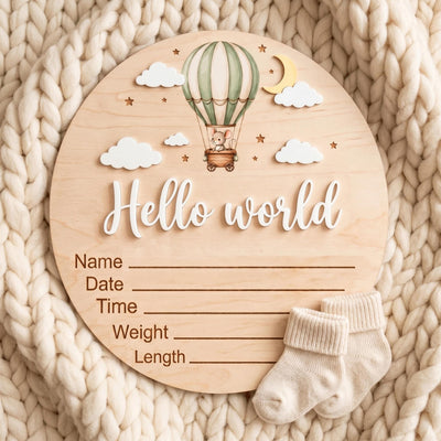 Hot Air Balloon Birth Stats Sign | 3D Mouse Wooden Baby Plaque | Acrylic Hello World Announcement | Neutral Adventure Prop