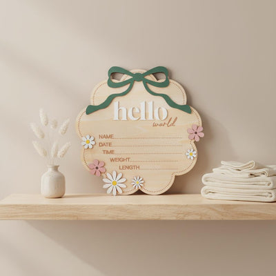 Sage Hello World Wooden Baby Birth Announcement Sign Nursery Decor