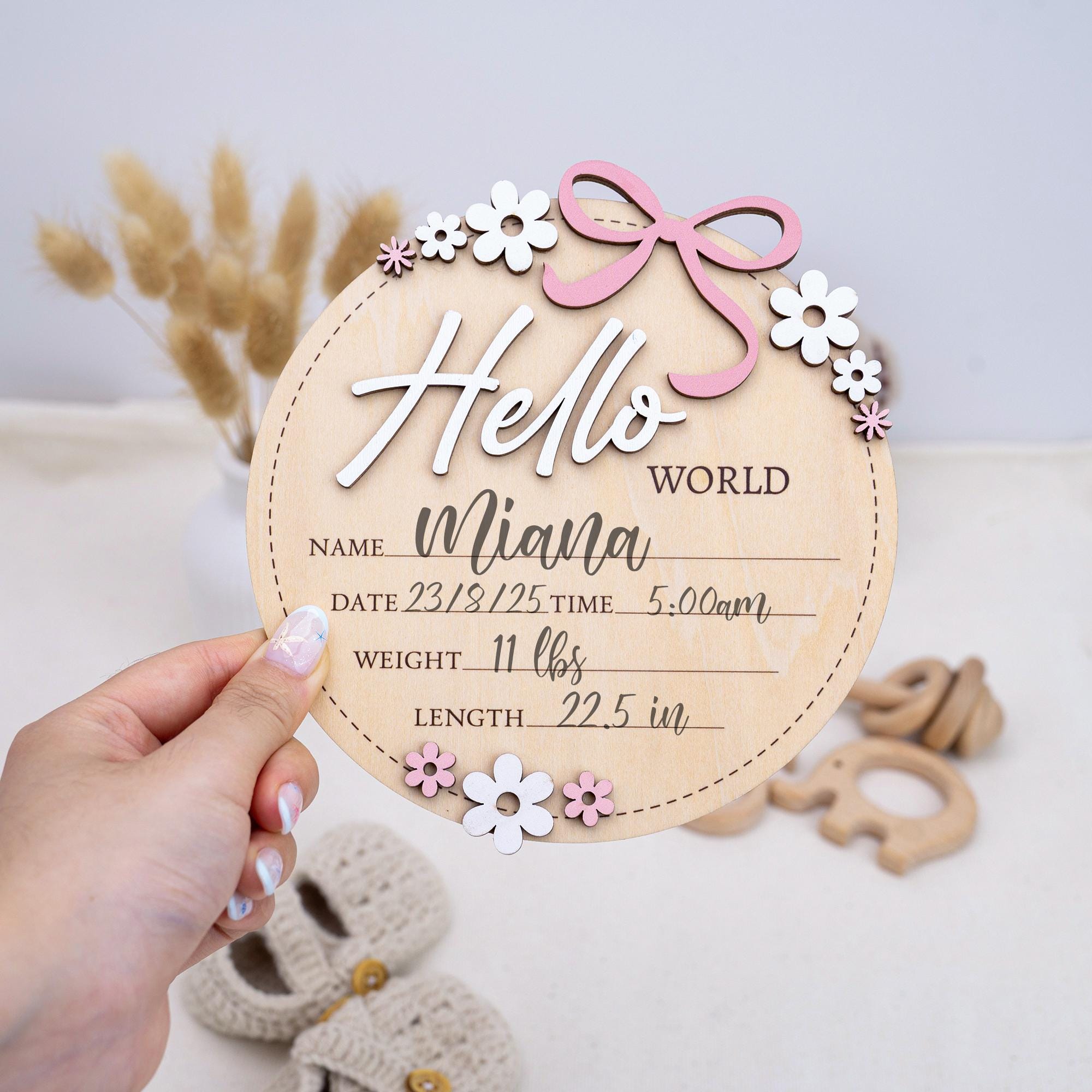 Baby Announcement Sign Pink Bow, Floral Baby Name Sign, Wooden Hello World Sign, Floral Birth Stats Sign,Floral Birth Announcement,Baby Sign