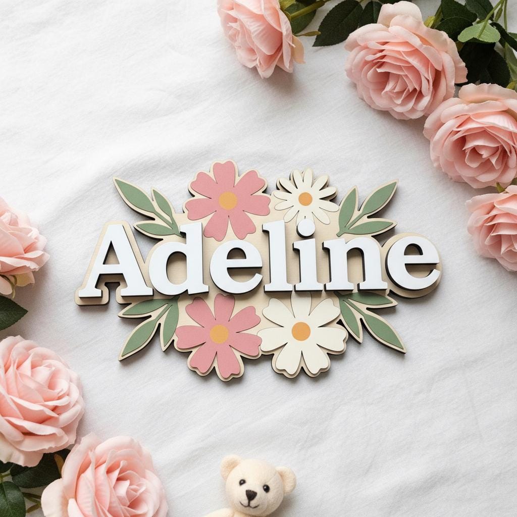 Personalized Baby Name Sign, Wooden Floral Nursery Name Plaque, Custom Baby Girl Room Decor, Flower Nursery Wall Decor