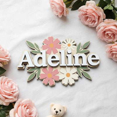 Personalized Baby Name Sign, Wooden Floral Nursery Name Plaque, Custom Baby Girl Room Decor, Flower Nursery Wall Decor