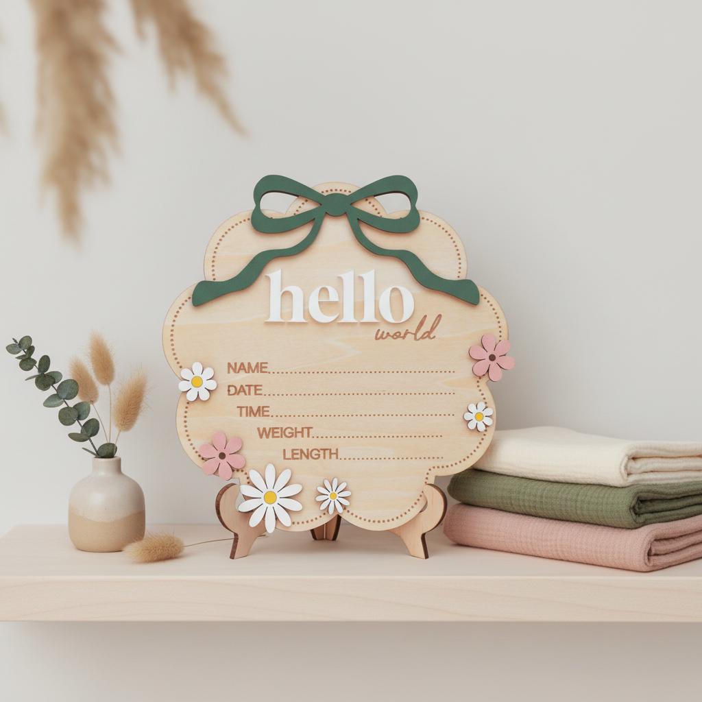 Sage Hello World Wooden Baby Birth Announcement Sign Nursery Decor