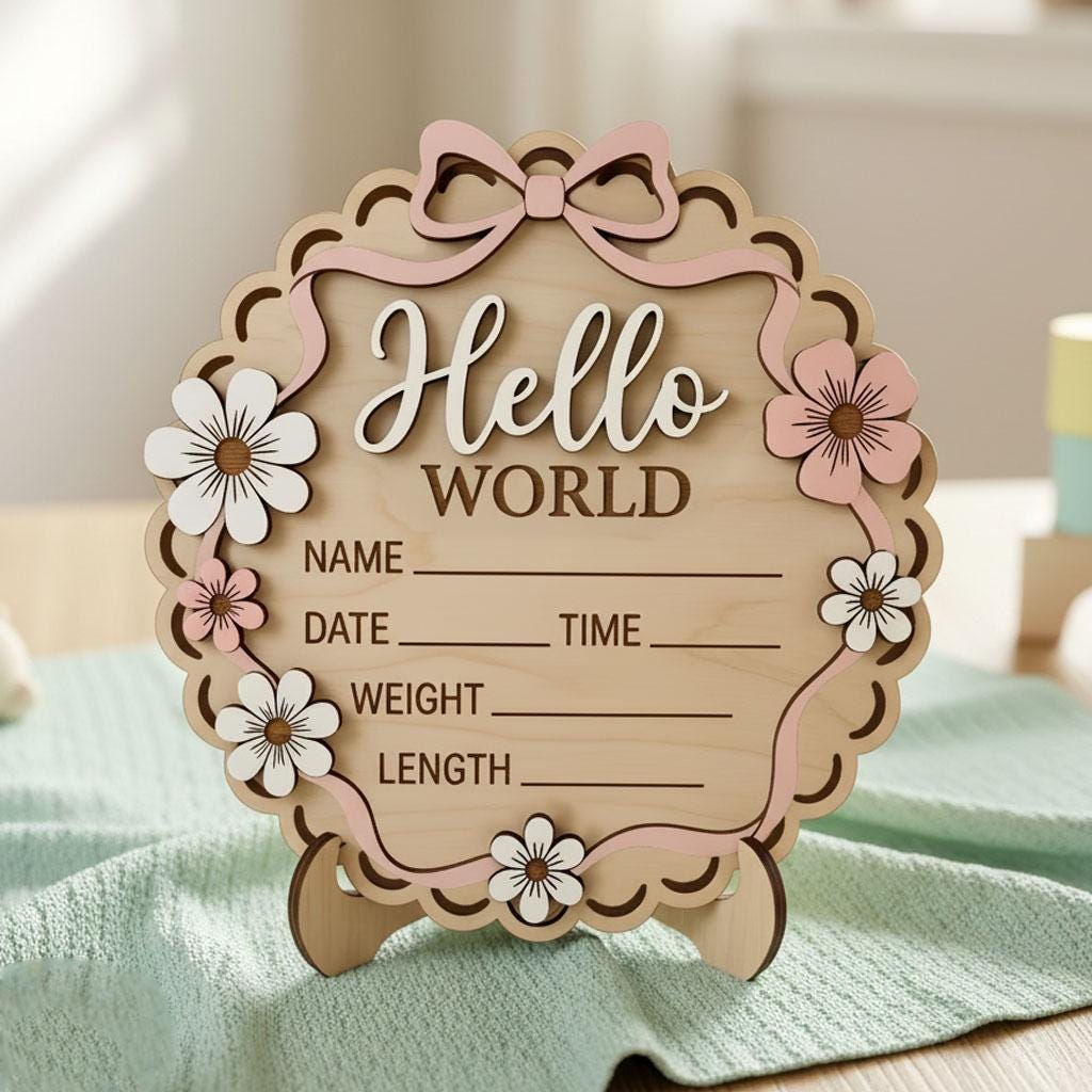 3D Bow Birth Stats Sign for Girl | Daisy Flower Scalloped Wooden Plaque | Custom Ribbon Baby Announcement | Coquette Nursery Prop