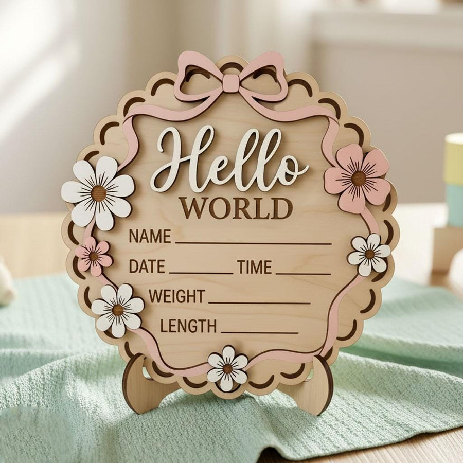 3D Bow Birth Stats Sign for Girl | Daisy Flower Scalloped Wooden Plaque | Custom Ribbon Baby Announcement | Coquette Nursery Prop