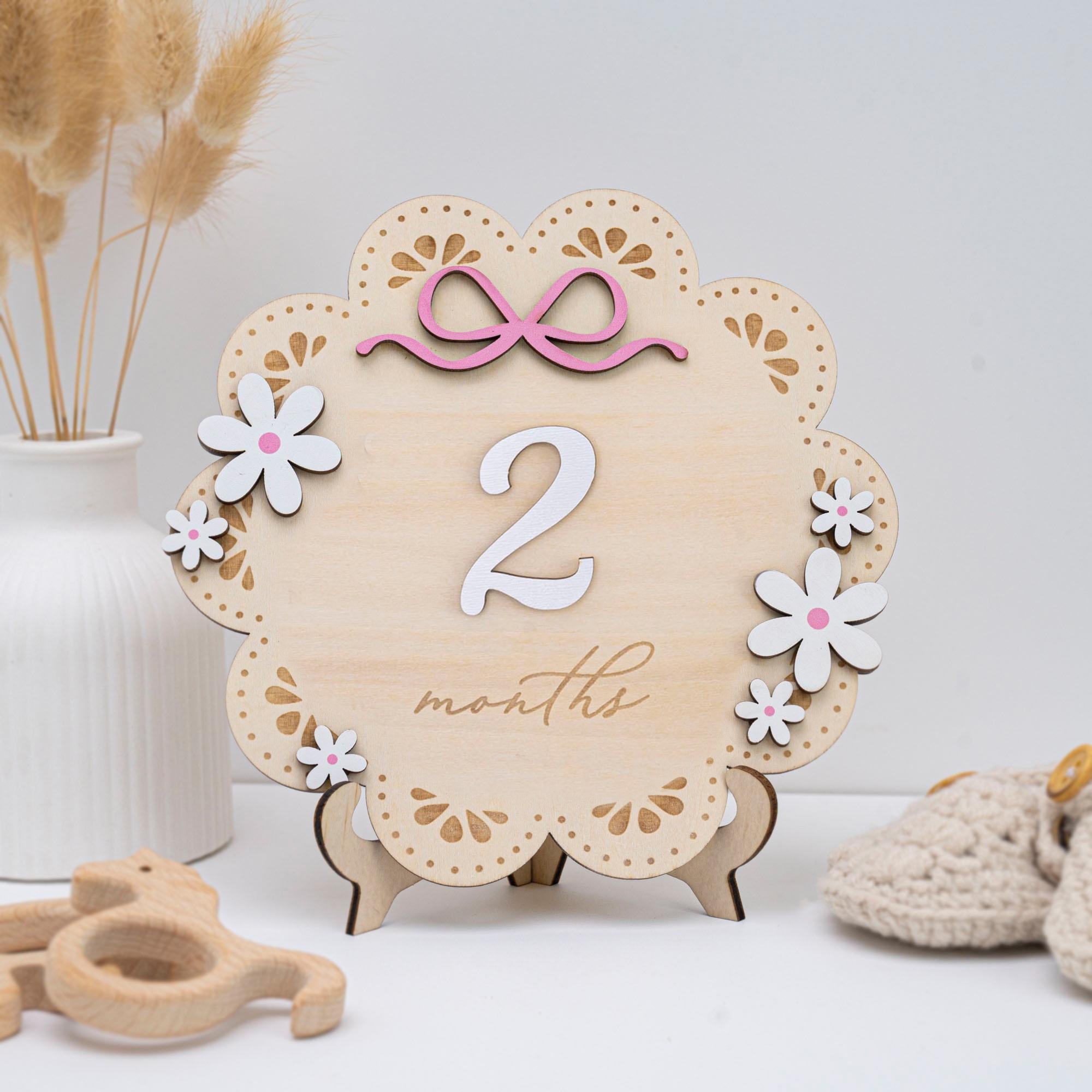 Baby Milestone Sign With Wooden Numbers, Floral Monthly Milestone Card, 3D Layered Baby Photo Prop, Milestone Sign For Baby Girl, Baby Sign