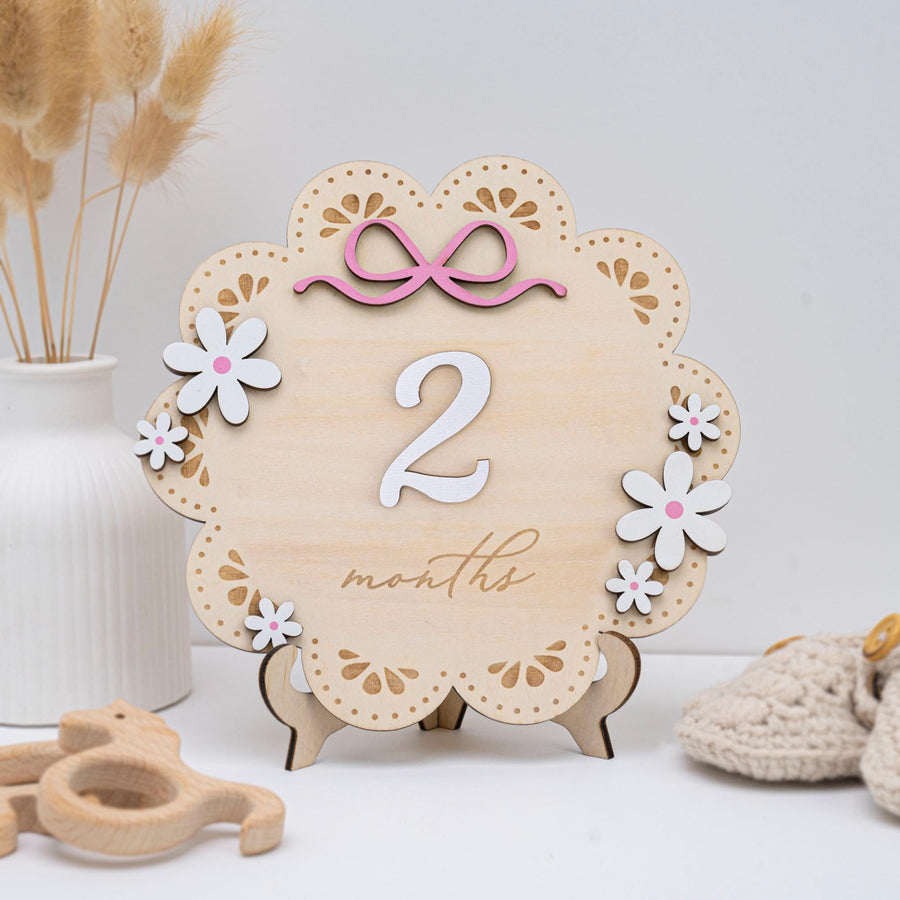 Baby Milestone Sign With Wooden Numbers, Floral Monthly Milestone Card, 3D Layered Baby Photo Prop, Milestone Sign For Baby Girl, Baby Sign