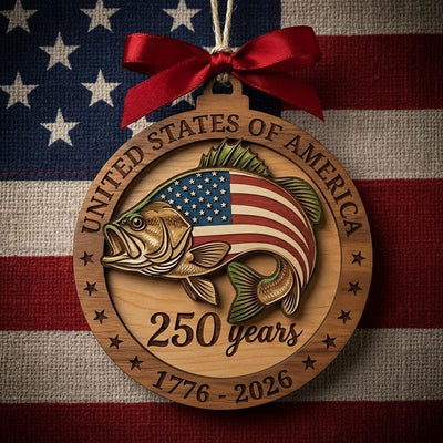 250th Anniversary Bass Fishing Ornament, US Semiquincentennial Gift for Fisherman, 1776-2026 Patriotic Fish Wood Keepsake Decor