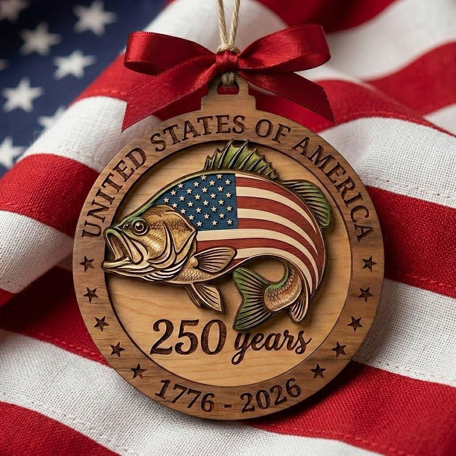 250th Anniversary Bass Fishing Ornament, US Semiquincentennial Gift for Fisherman, 1776-2026 Patriotic Fish Wood Keepsake Decor