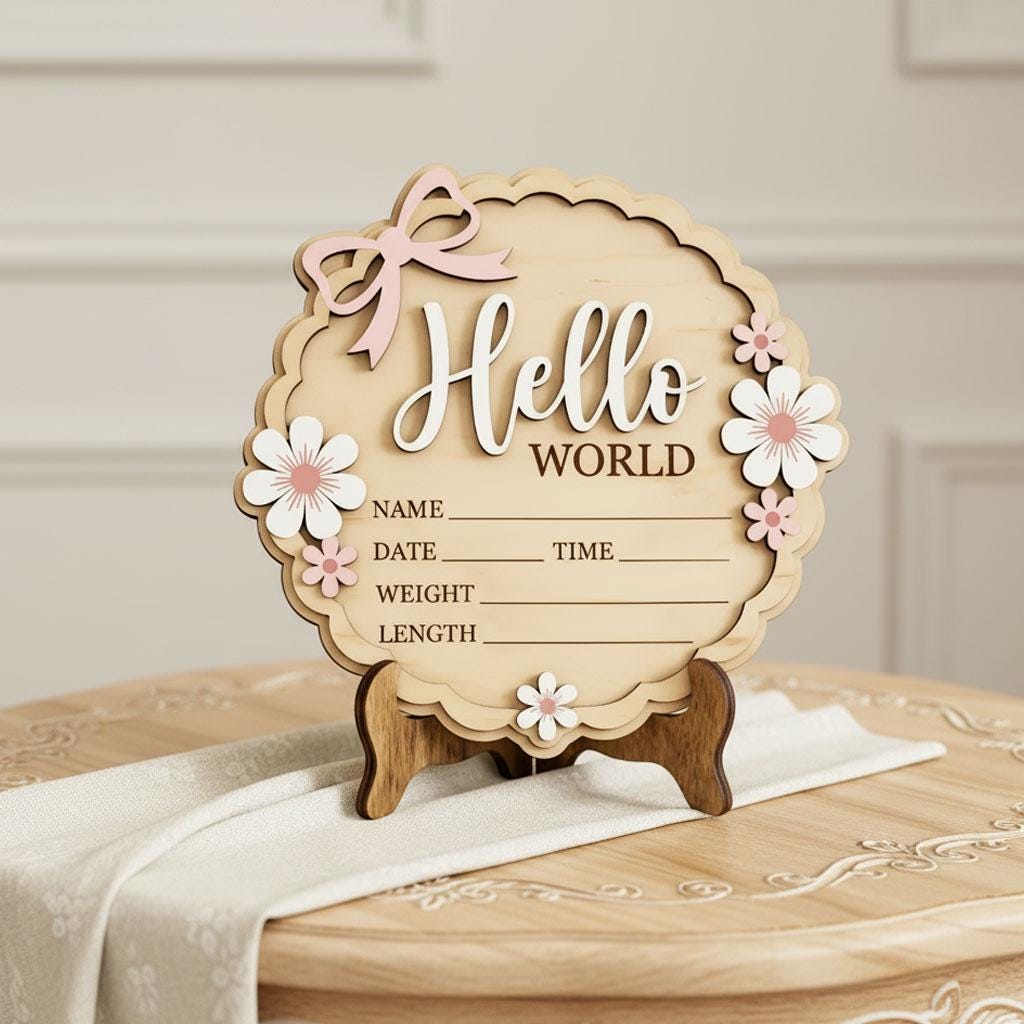 Coquette Pink Bow Birth Sign | 3D Daisy Scalloped Plaque | Acrylic Hello World Announcement | Shabby Chic Girl Nursery Prop