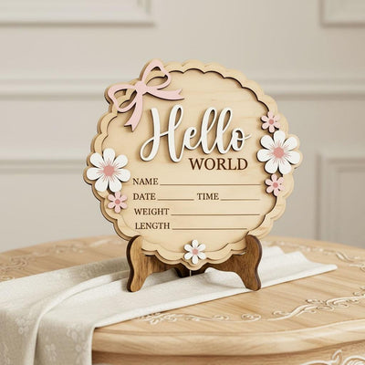 Coquette Pink Bow Birth Sign | 3D Daisy Scalloped Plaque | Acrylic Hello World Announcement | Shabby Chic Girl Nursery Prop