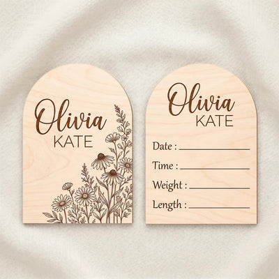 Wildflower Arch Wooden Sign | Full Set Birth Stats Plaque | 2 Piece Baby Name Announcement | Custom Floral Nursery Decor