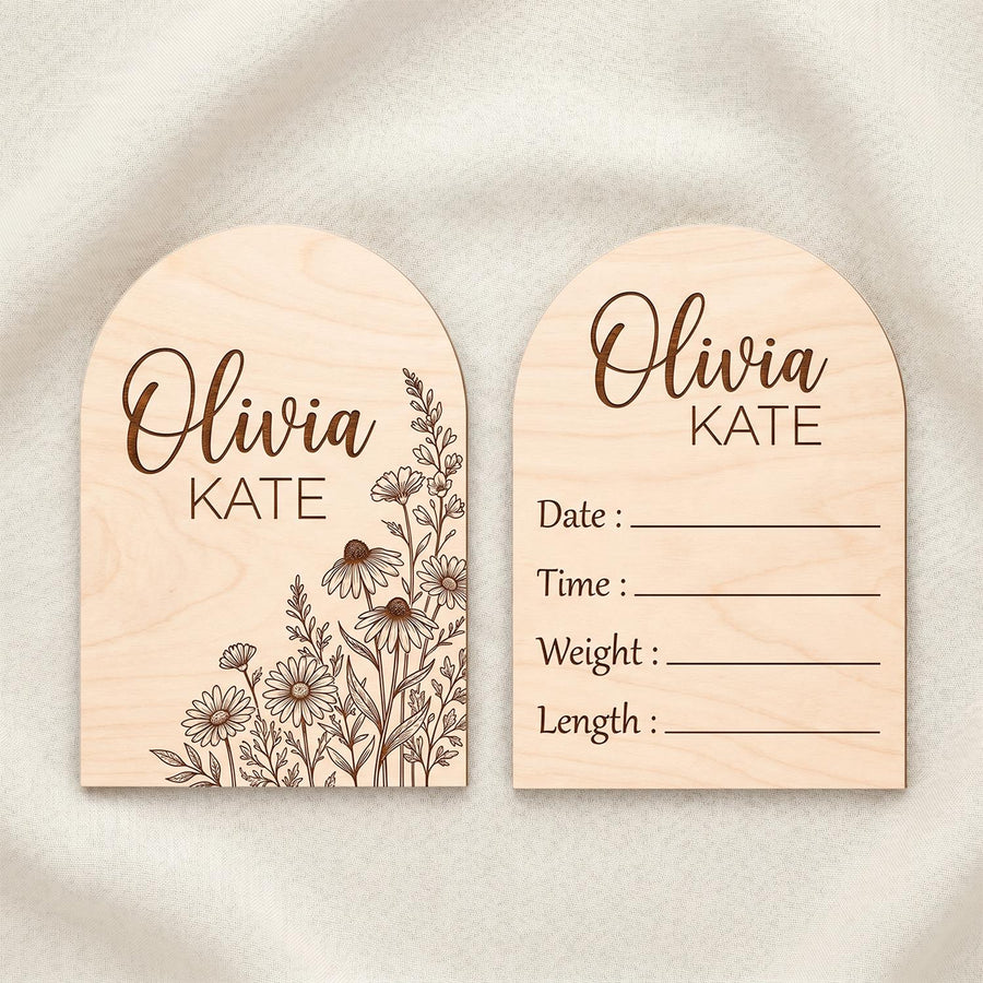 Wildflower Arch Wooden Sign | Full Set Birth Stats Plaque | 2 Piece Baby Name Announcement | Custom Floral Nursery Decor
