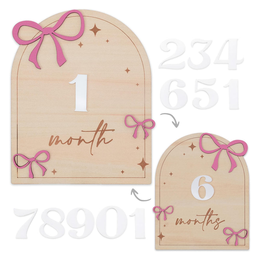 Wooden Baby Milestone Sign with Numbers 1–12 Months Pink Bow