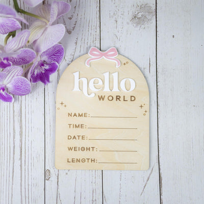 Birth Stats Sign Girl, Hello World Sign, Baby Birth Announcement Sign, Baby Shower Gift, Boho Baby Announcement, Birth Detail Sign With Bow