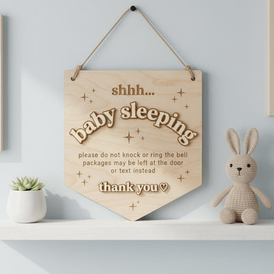 Baby Is Sleeping Delivery Sign | Shield Shape Wooden Door Hanger | 3D Wood Name Do Not Disturb | Front Porch Package Plaque