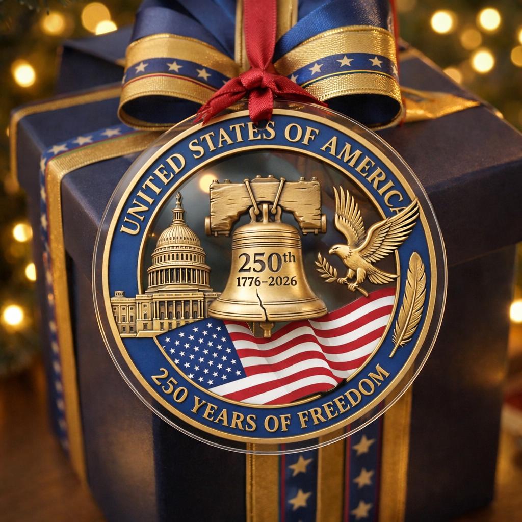 America 250th Ornament, Semiquincentennial Patriotic Bow Gift, 1776-2026 USA Flag Acrylic Keepsake, Stars and Stripes Decor