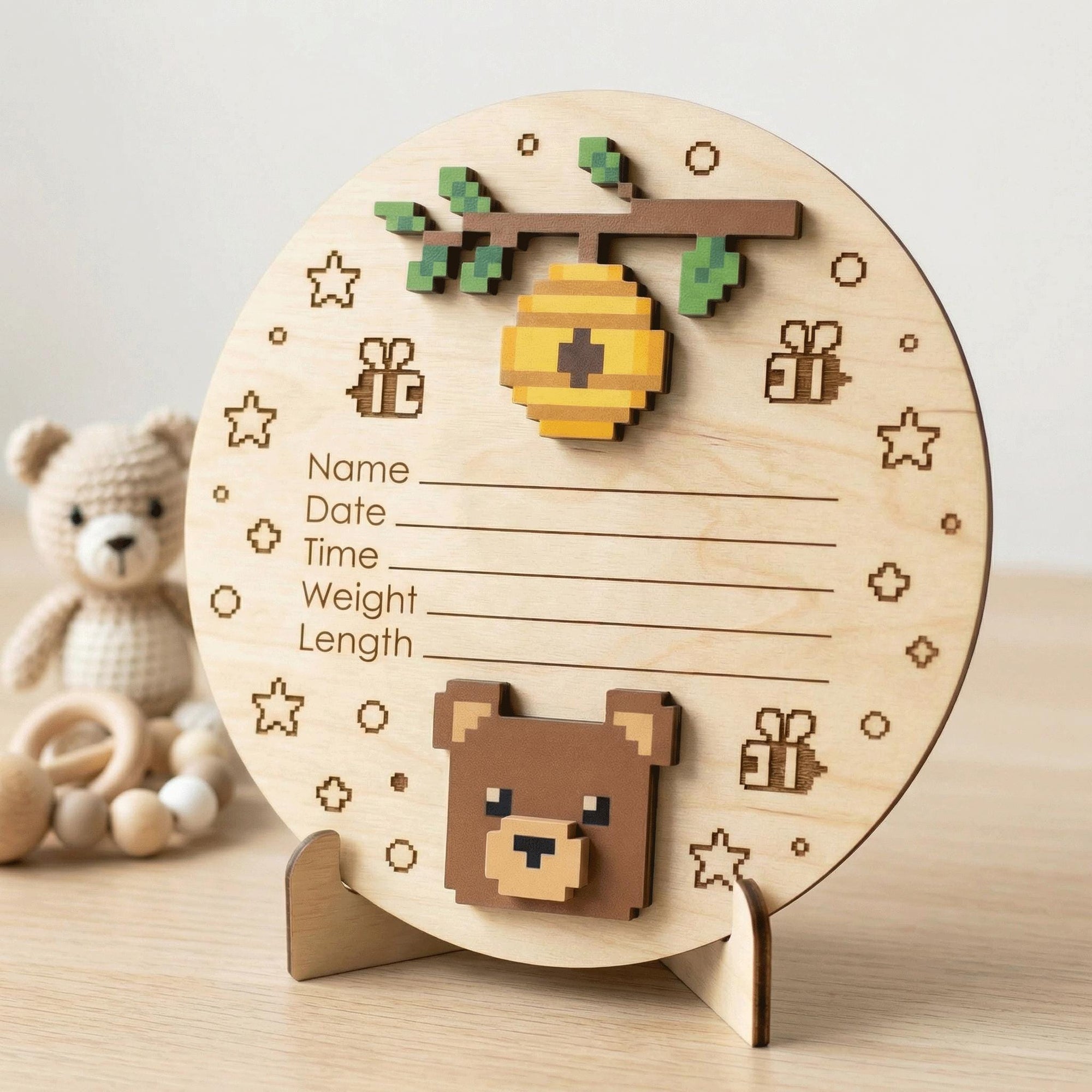 Pixel Art Bear Birth Stats Sign for Hospital | Honey Bee Wooden Newborn Plaque | Custom Unisex Baby Announcement | Nursery Prop
