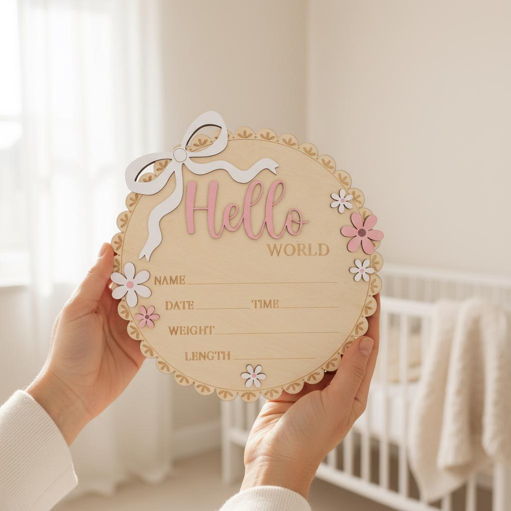 Neutral Baby Girl Hello World Sign Wooden Floral Nursery Keepsake