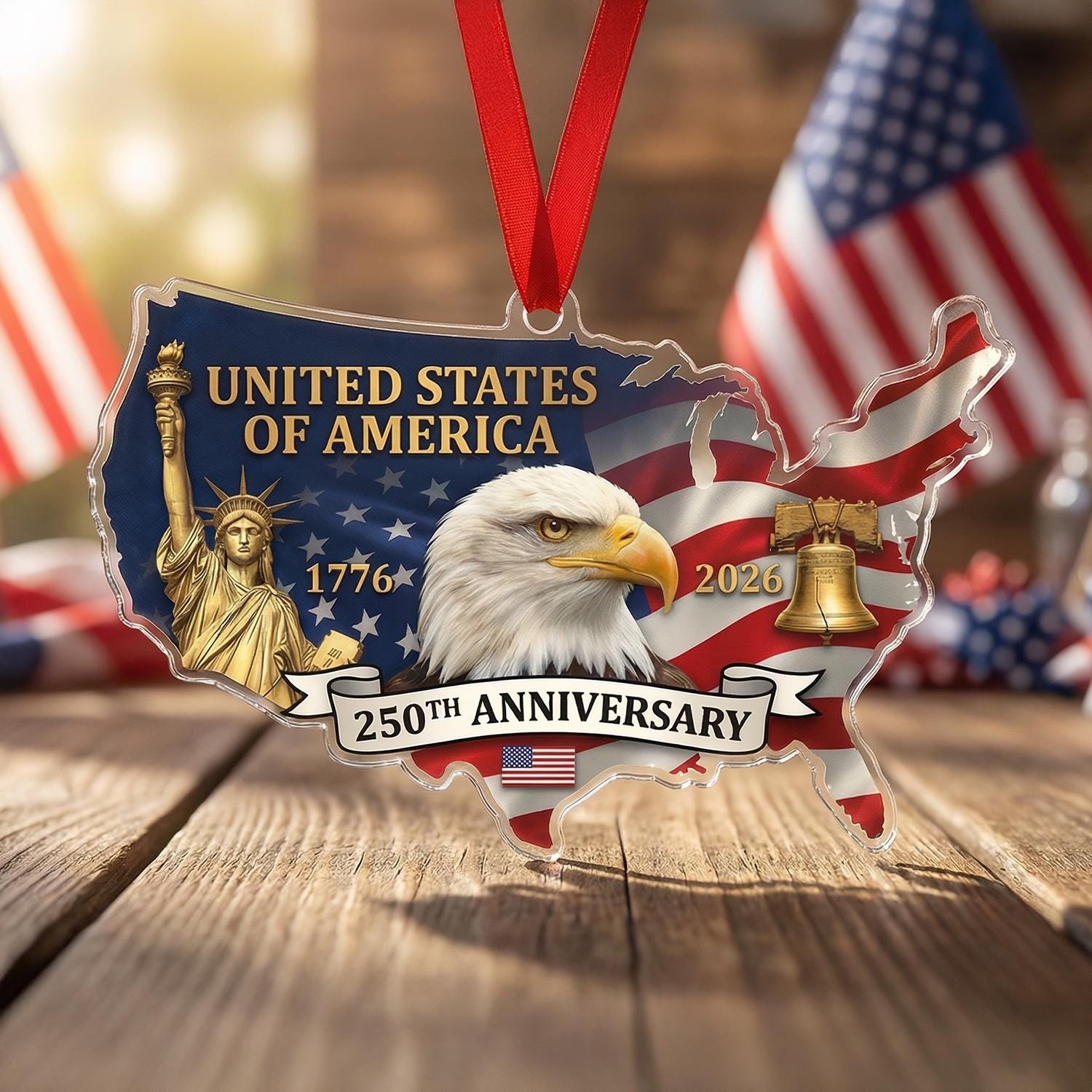 USA Map 250th Anniversary Ornament, Semiquincentennial Patriotic Gift, 1776-2026 United States Shape Decor, America Milestone Keepsake