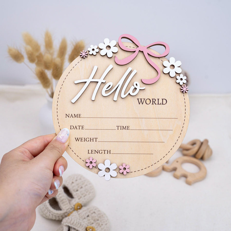 Baby Announcement Sign Pink Bow, Floral Baby Name Sign, Wooden Hello World Sign, Floral Birth Stats Sign,Floral Birth Announcement,Baby Sign