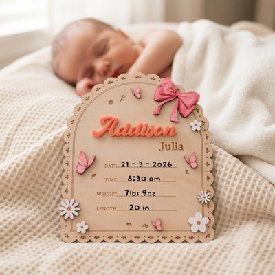 Personalized Baby Name Sign for Nursery Pink Bow Birth Announcement Sign for Hospital Custom Wood Name Plate Girl Newborn Gift