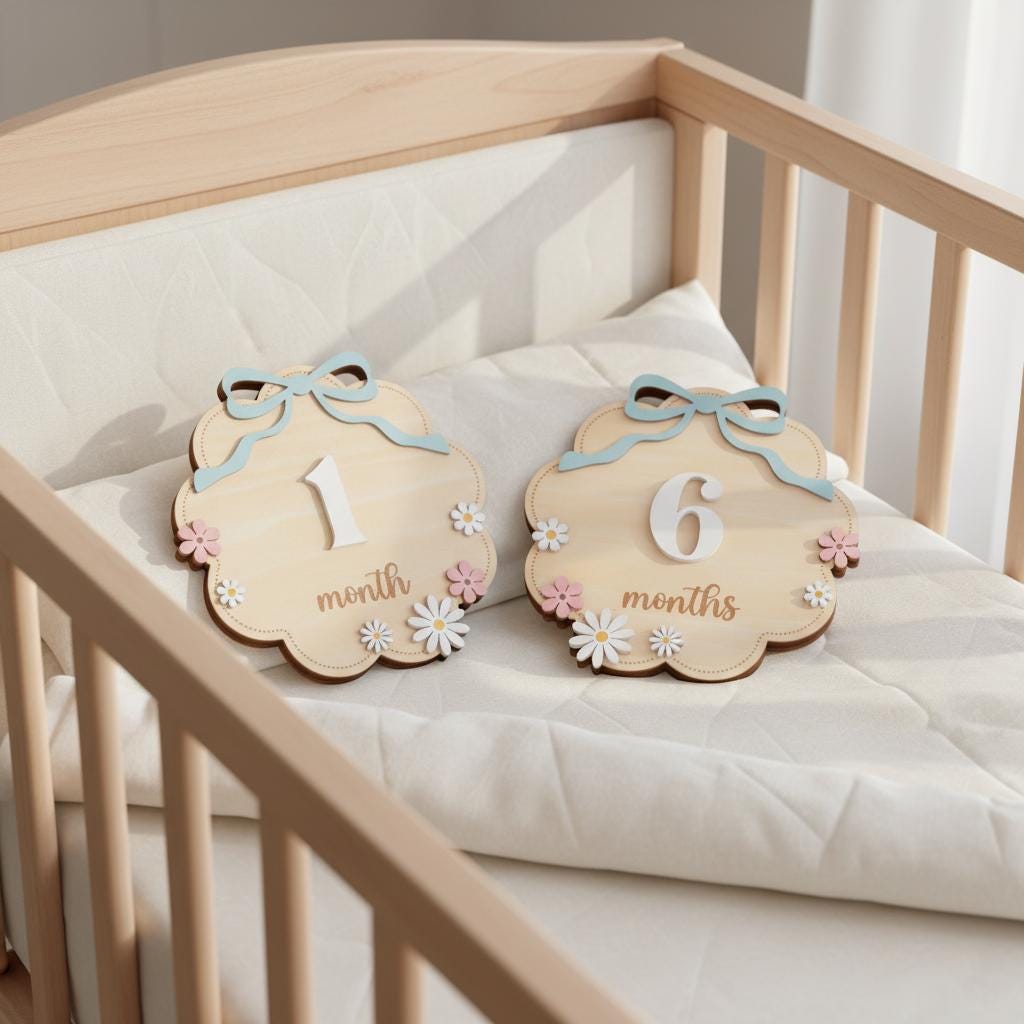 Wooden Baby Monthly Milestone Signs Set, Floral Nursery Photo Props