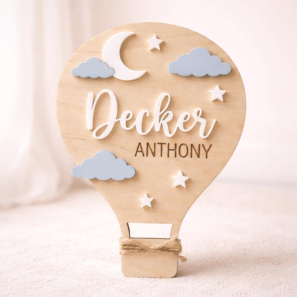 Hot Air Balloon Name Sign | Blue Pink Clouds Baby Plaque | 3D Moon Stars Wooden Letters | Whimsical Nursery Wall Decor Custom