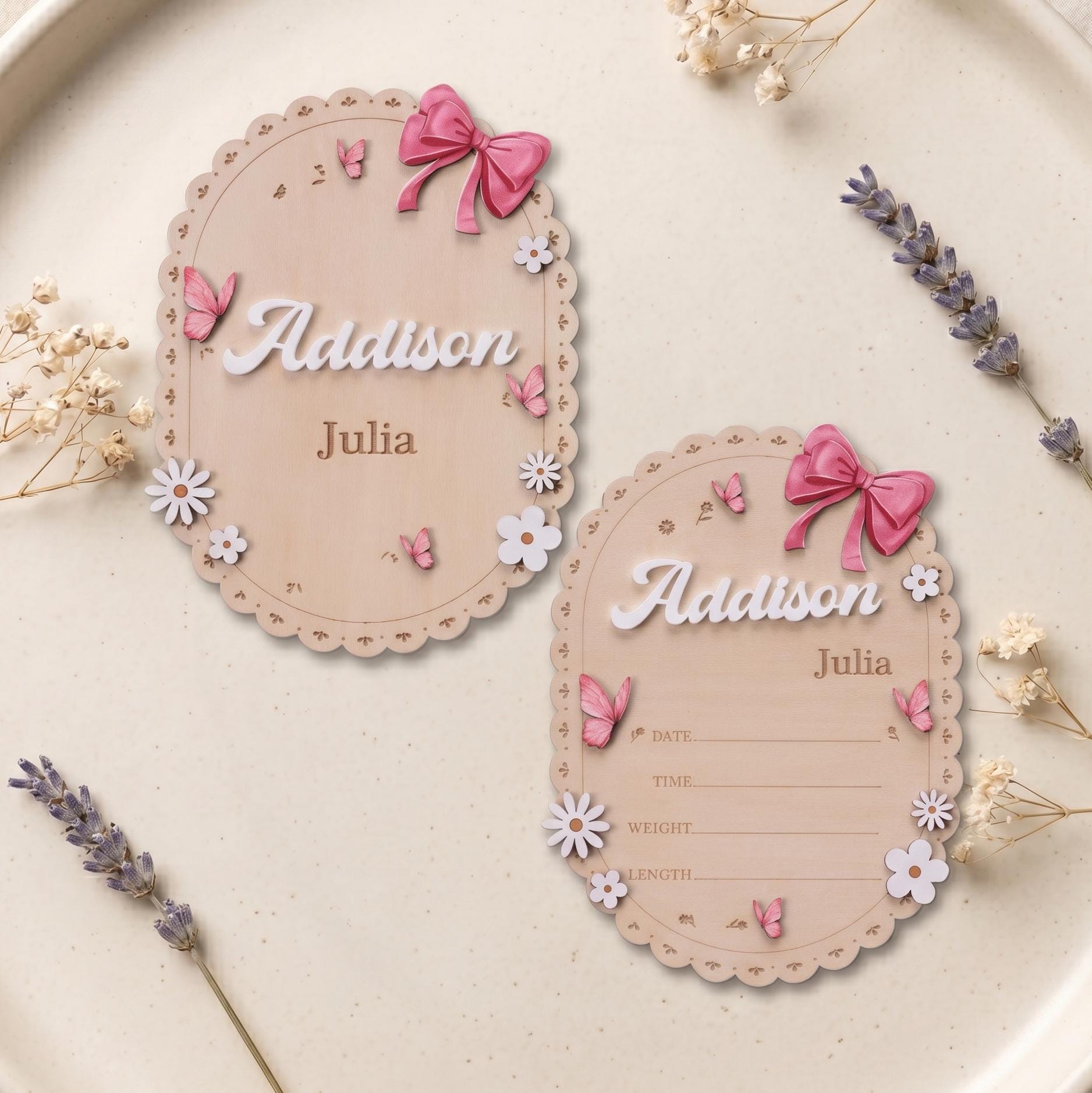 Oval Baby Name Sign for Nursery Scalloped Birth Announcement Sign for Hospital Custom Wood Name Plate Girl Bow Baby Shower Gift