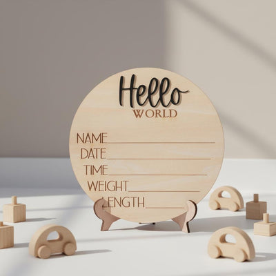 Hello World Baby Announcement Sign Personalized Wooden Keepsake