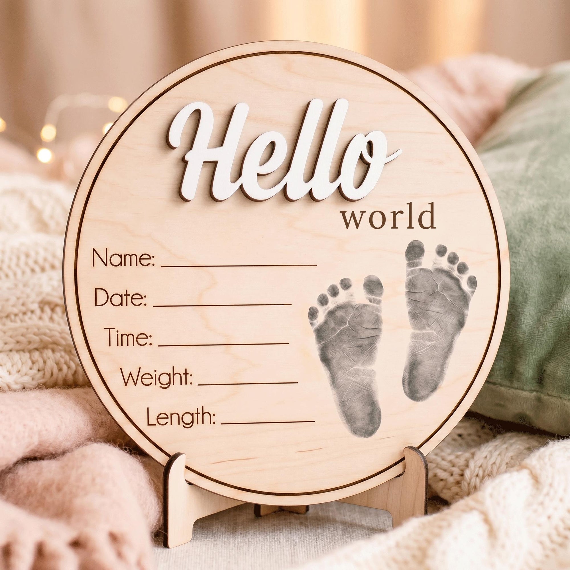 Printed Baby Footprint Sign | 3D Acrylic Hello World Wooden Plaque | Custom Newborn Birth Stats Announcement | Nursery Decor