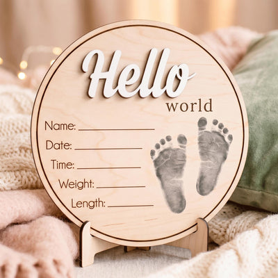 Printed Baby Footprint Sign | 3D Acrylic Hello World Wooden Plaque | Custom Newborn Birth Stats Announcement | Nursery Decor