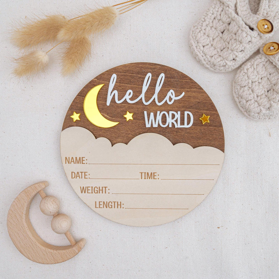Personalized Hello World Sign, Wooden Birth Announcement Sign, Moon & Stars Baby Name Reveal, Baby Birth Stats Sign, Nursery Space Theme