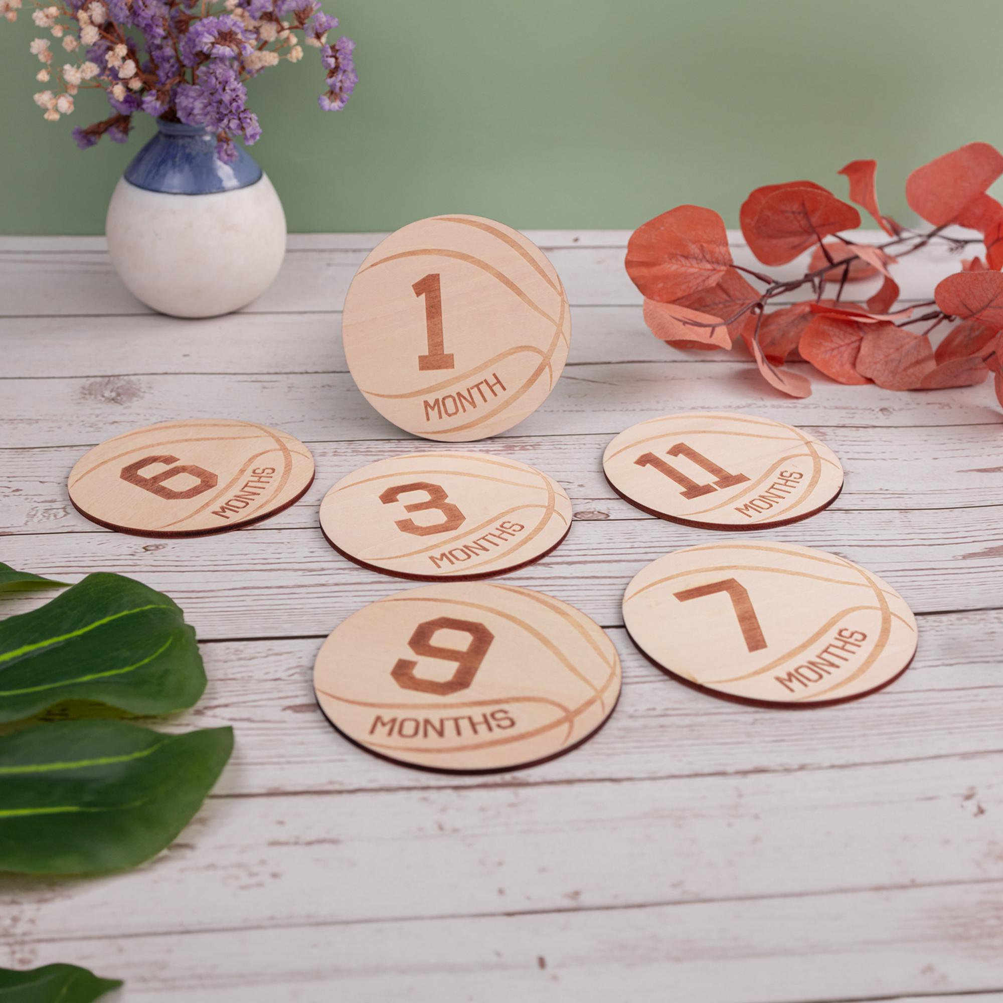 Wooden Baby Monthly Milestone Discs Set, Basketball Baby, Engraved Newborn Photo Prop, Baby Shower Keepsake Gift, Gift For Newborn, Baby Boy