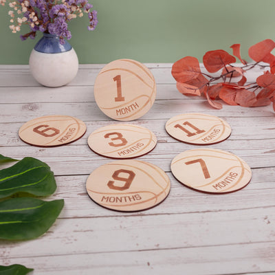 Wooden Baby Monthly Milestone Discs Set, Basketball Baby, Engraved Newborn Photo Prop, Baby Shower Keepsake Gift, Gift For Newborn, Baby Boy