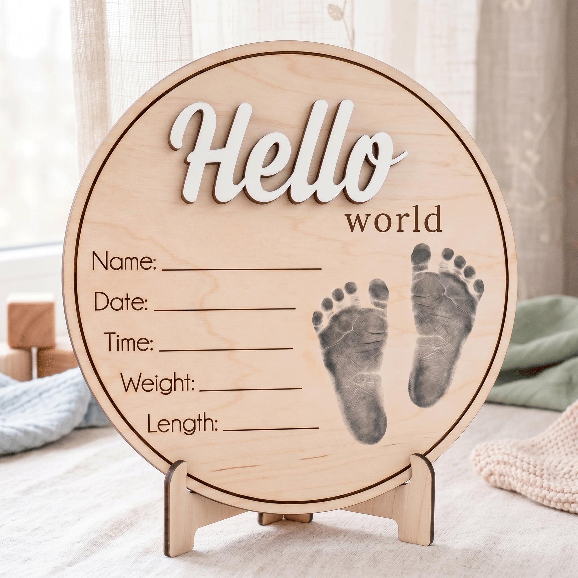 Printed Baby Footprint Sign | 3D Acrylic Hello World Wooden Plaque | Custom Newborn Birth Stats Announcement | Nursery Decor
