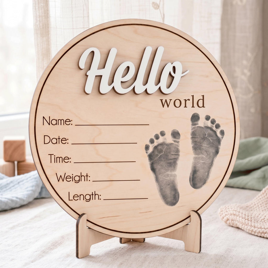 Printed Baby Footprint Sign | 3D Acrylic Hello World Wooden Plaque | Custom Newborn Birth Stats Announcement | Nursery Decor