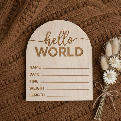Hello World Wooden Baby Birth Announcement Sign, Newborn Photo Keepsake