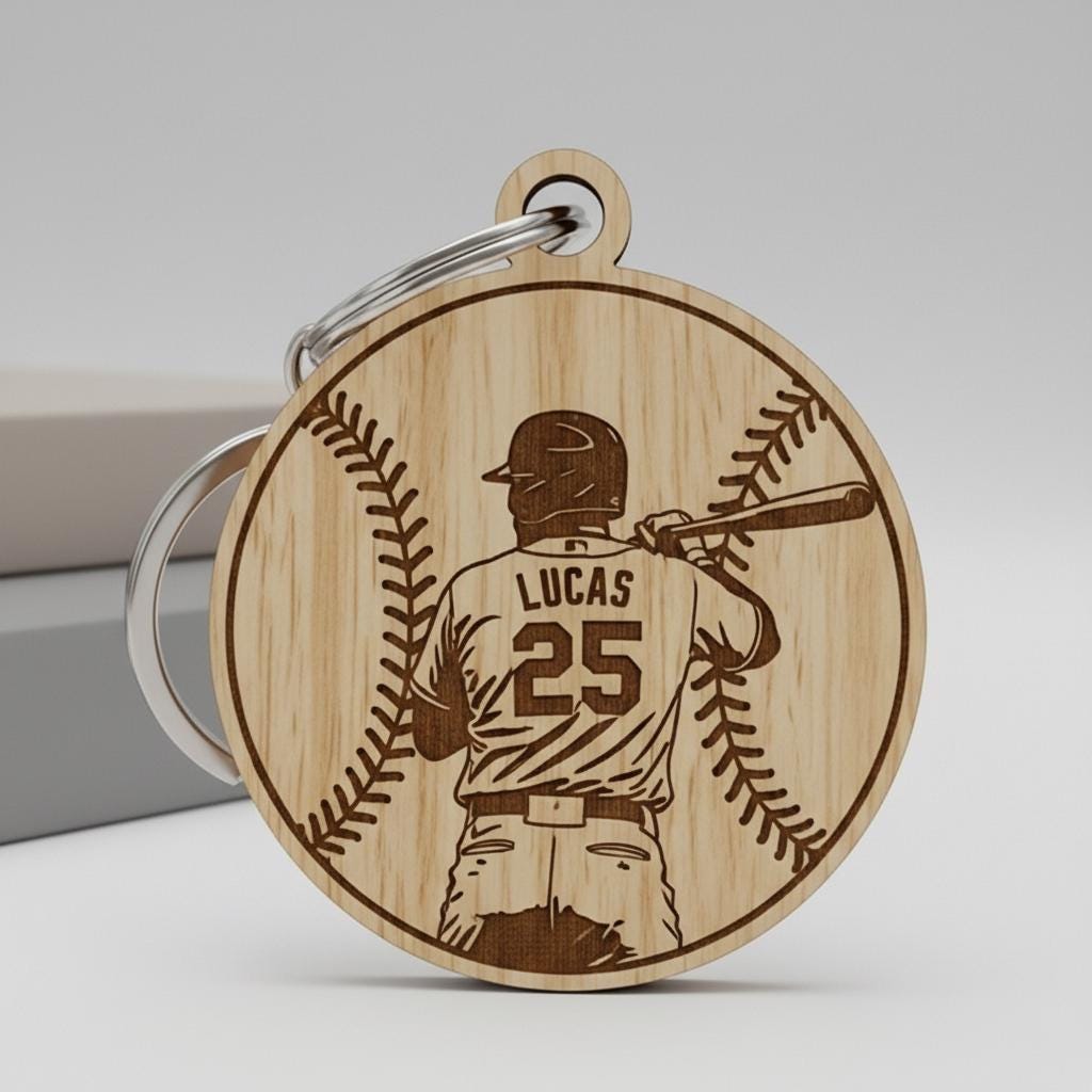 Personalized Wooden Baseball Keychain Custom Player Name and Number, Engraved Baseball Player Keychain, Little League Gift