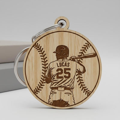 Personalized Wooden Baseball Keychain Custom Player Name and Number, Engraved Baseball Player Keychain, Little League Gift