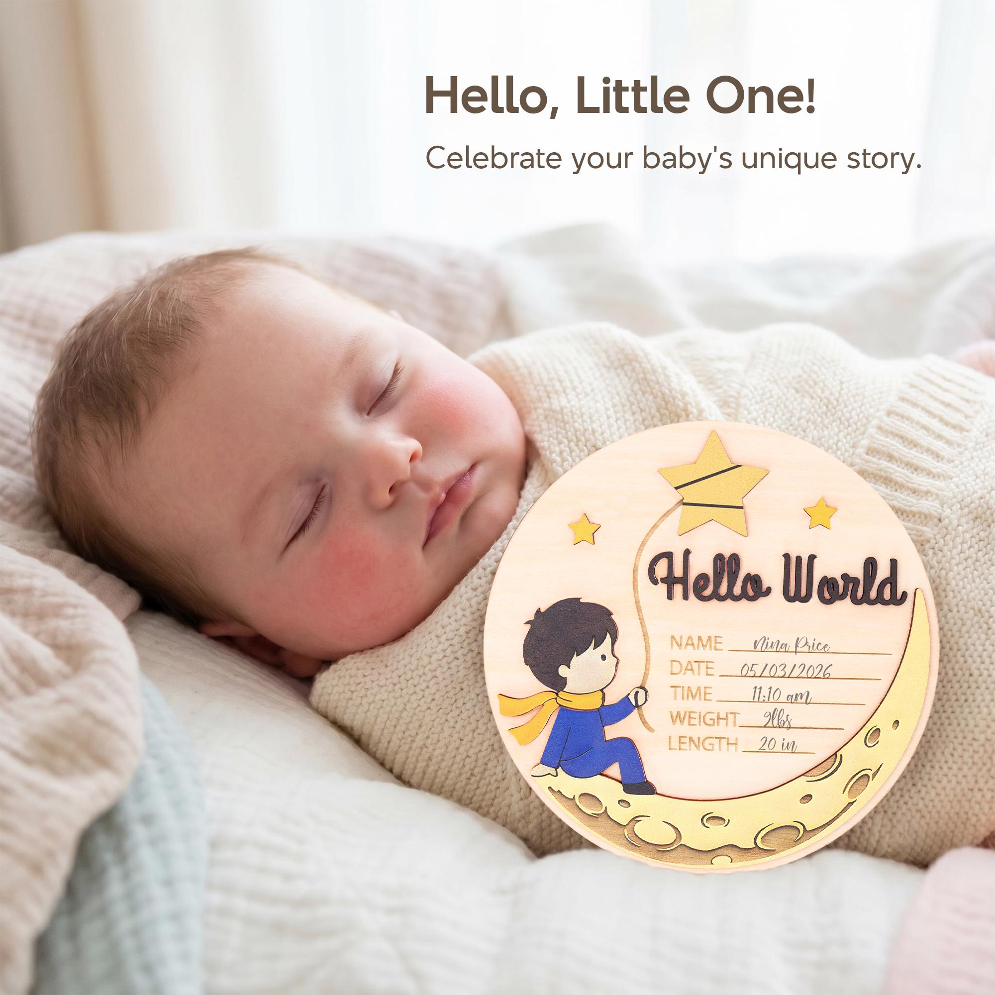 Little Prince Birth Stats Sign | 3D Moon and Stars Wooden Plaque | Hello World Newborn Announcement | Storybook Photo Prop | Baby Boy Gift