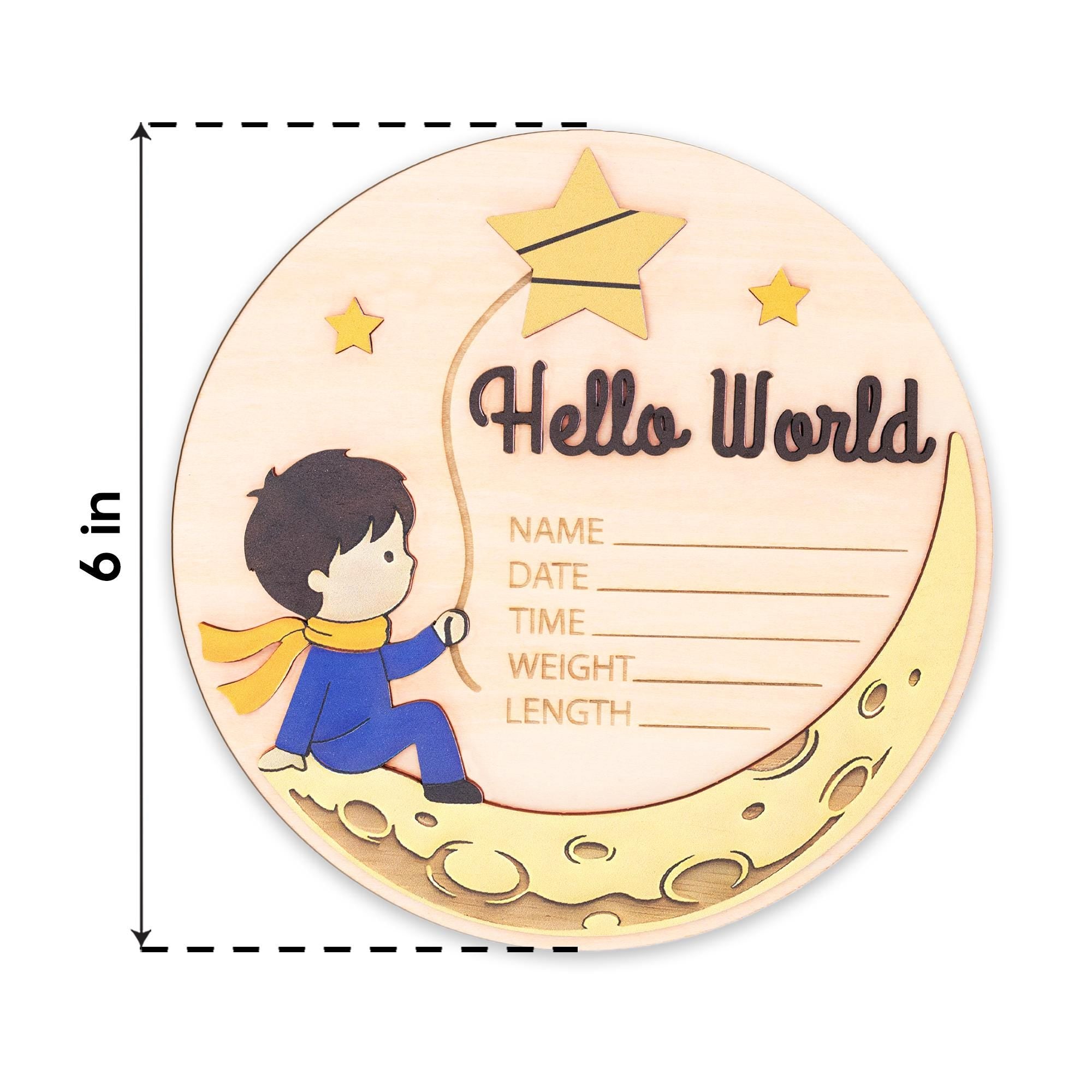 Little Prince Birth Stats Sign | 3D Moon and Stars Wooden Plaque | Hello World Newborn Announcement | Storybook Photo Prop | Baby Boy Gift