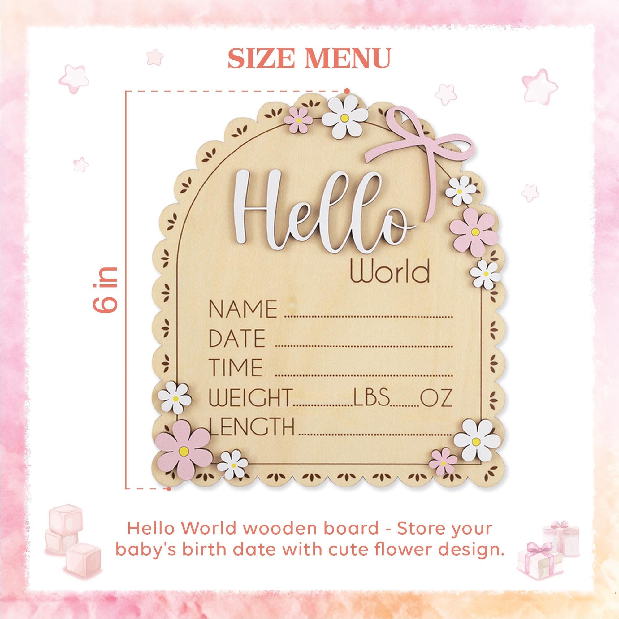 Hello World Birth Announcement Sign, Daisy Baby Sign, Floral Baby Name Sign, Wooden Newborn Photo Prop, Baby Shower Gift, Nursery Decor