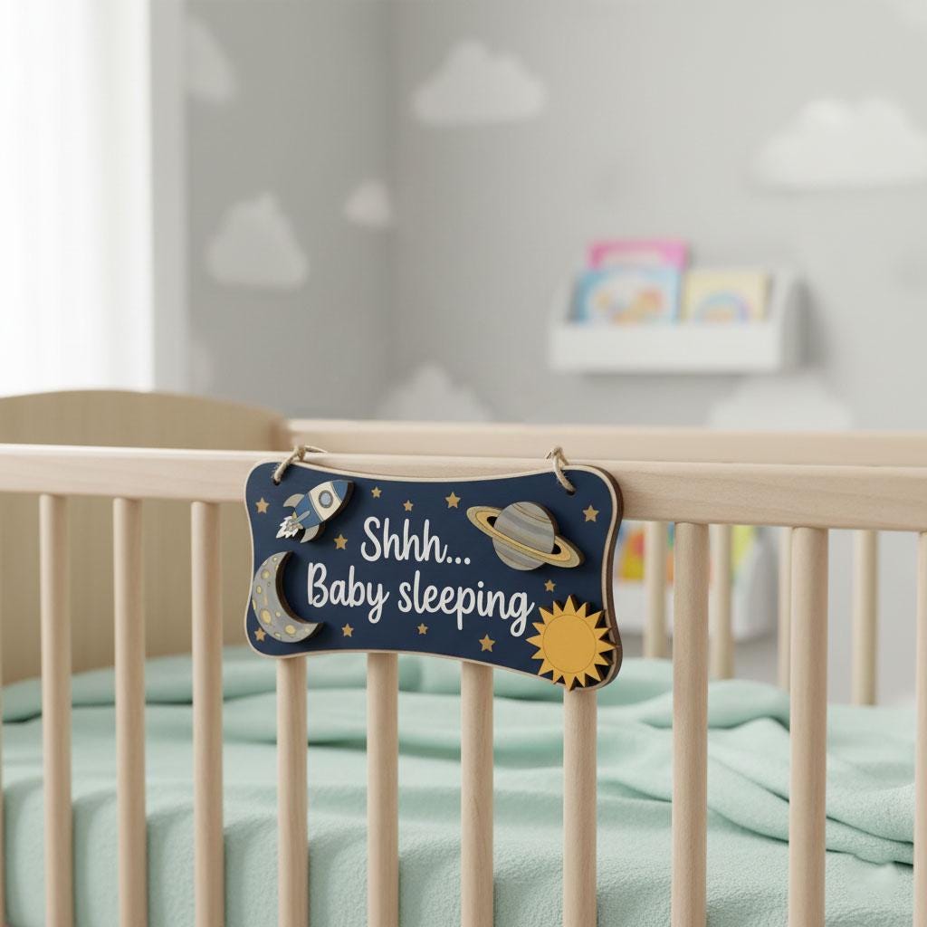 Baby Sleeping Door Sign Do Not Disturb | Outer Space Wooden Hanger | Rocket Ship Shh Plaque | Custom Galaxy Boy Nursery Decor