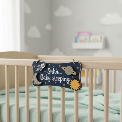 Baby Sleeping Door Sign Do Not Disturb | Outer Space Wooden Hanger | Rocket Ship Shh Plaque | Custom Galaxy Boy Nursery Decor