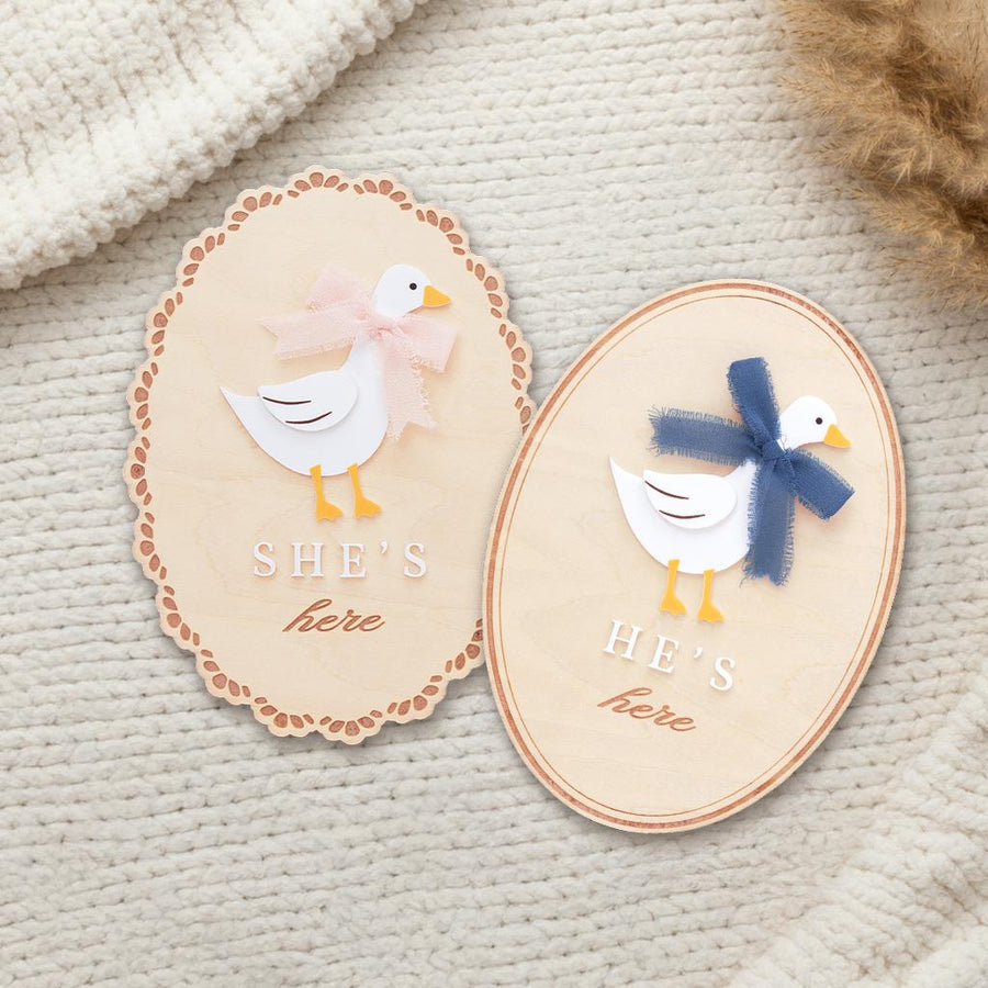 He’s Here She’s Here Wooden Baby Announcement Signs