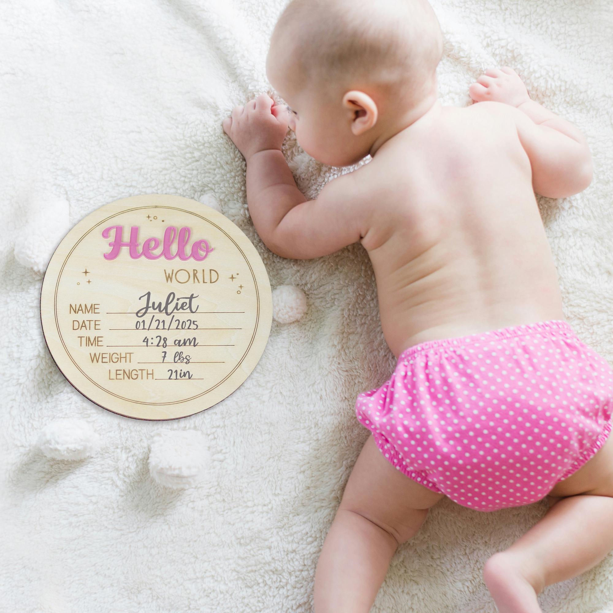 Hello World Baby Stats Plaque, Baby Birth Announcement Sign, Engraved Wood Hello World Sign, Baby Photo Props, Birth Announcement Board