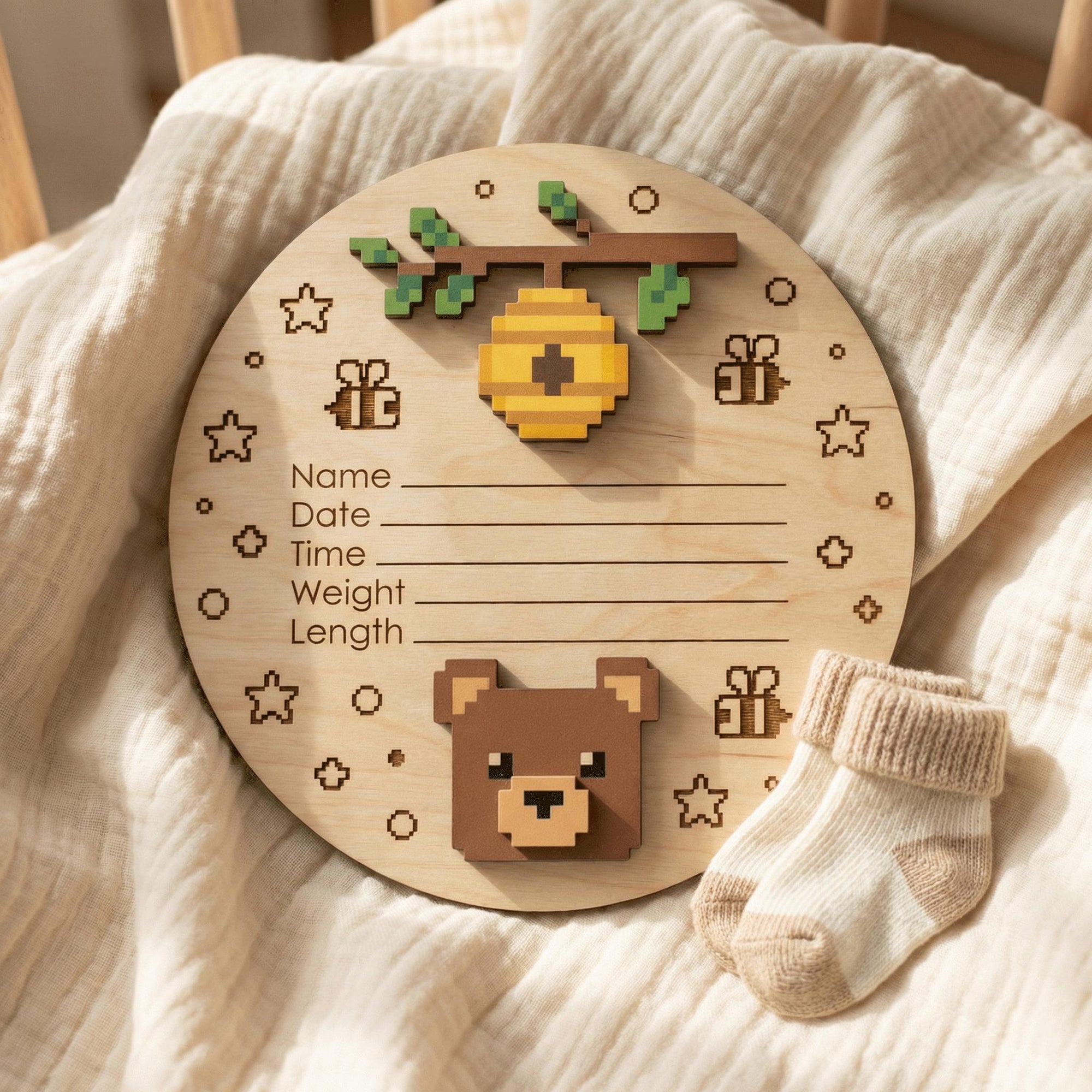 Pixel Art Bear Birth Stats Sign for Hospital | Honey Bee Wooden Newborn Plaque | Custom Unisex Baby Announcement | Nursery Prop