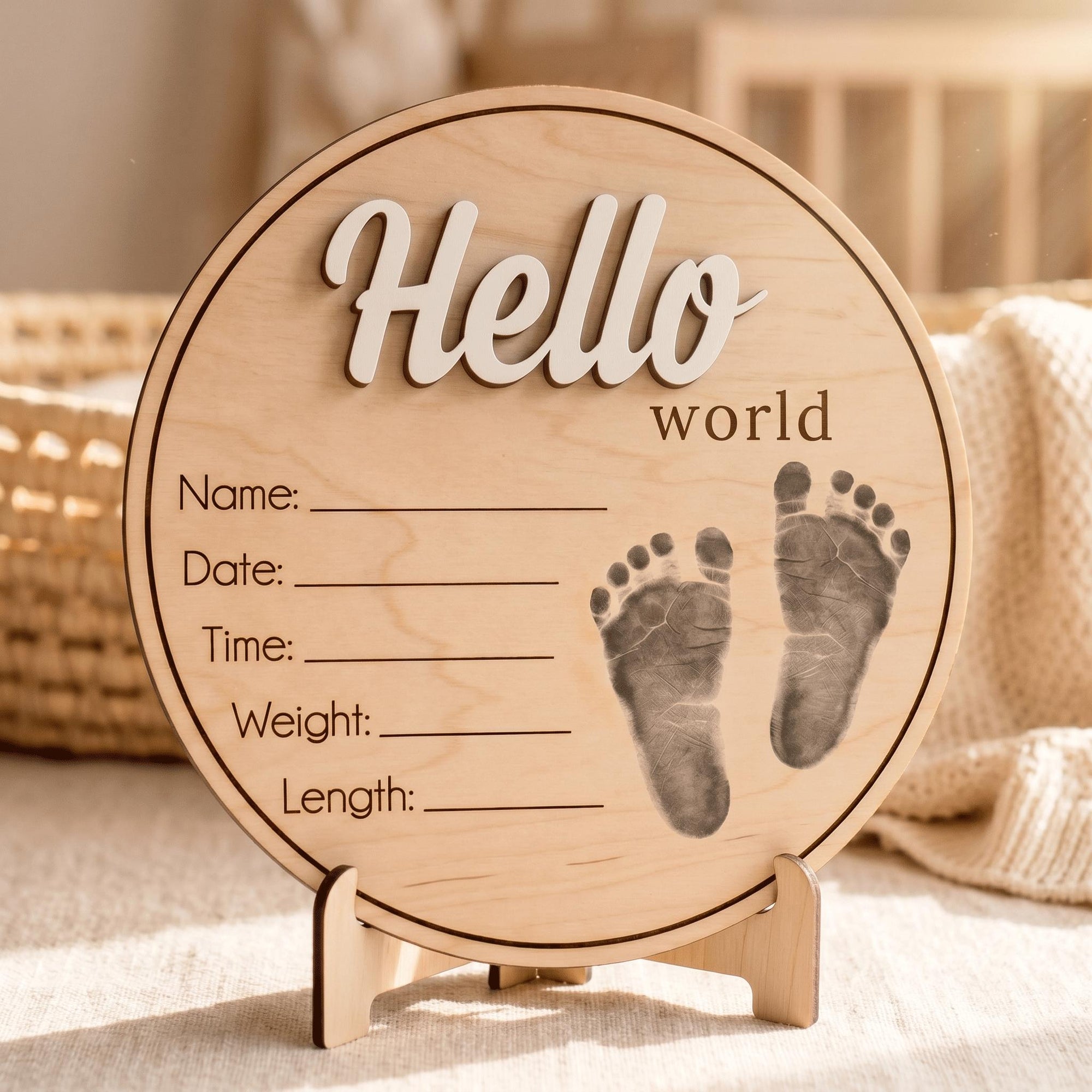 Printed Baby Footprint Sign | 3D Acrylic Hello World Wooden Plaque | Custom Newborn Birth Stats Announcement | Nursery Decor